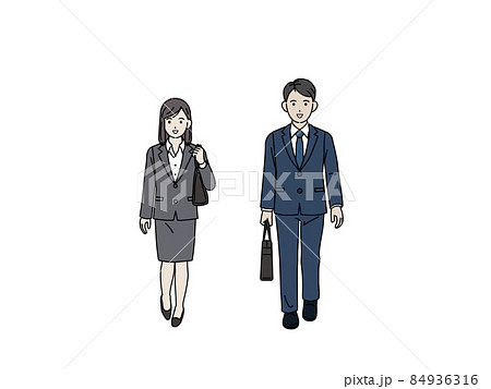 通勤 移動中 歩く スーツ姿の男女 会社員 新卒 営業 就活 全身 イラストのイラスト素材