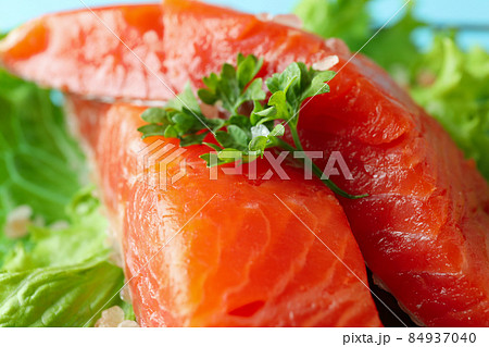 Fresh raw salmon and ingredients for cooking, close up 84937040