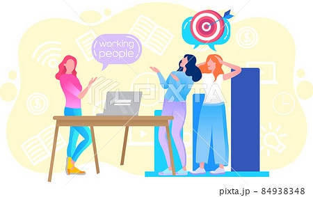 Business women working people standing at desk in modern office with computers brainstorming process Business women working people standing at desk in modern office with computers brainstorming process 84938348