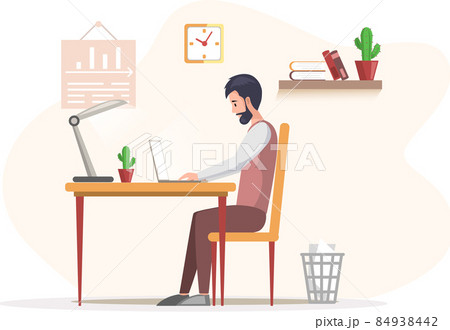 Bearded man, working person sitting at table in room and correspondence surfing Internet Bearded man, working person sitting at table in room and correspondence surfing Internet 84938442
