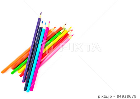 Pack of colored rainbow pencils isolated on white background. Back to school painting concept. Top view Pack of colored rainbow pencils isolated on white background. Back to school painting concept. Top view 84938679
