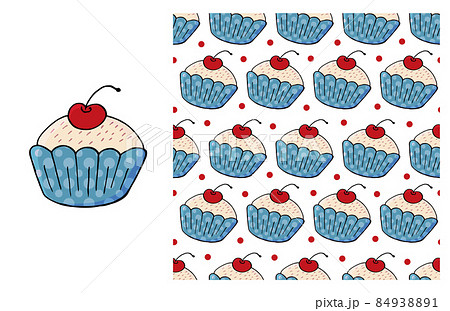 Cupcake, muffin. Set of element and seamless pattern 84938891