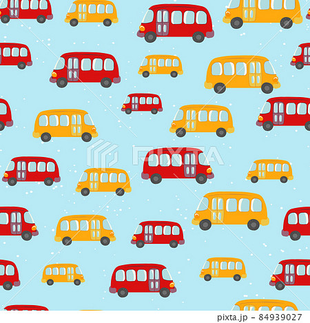 Seamless pattern with cute bus, car on color background. Cartoot transport. Vector illustration. Doodle style. Design for baby print, invitation, poster, card, fabric, textile 84939027