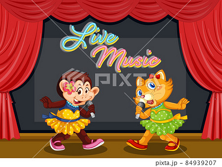 Monkey and cat performing singing on stage 84939207