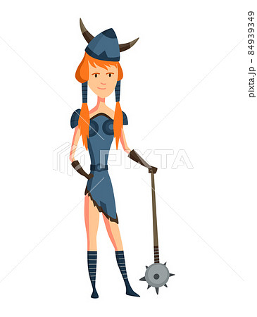 Viking woman with horned helmet and mace. Woman warrior or hero of scandinavian legends. Cartoon barbarian history character with weapon 84939349