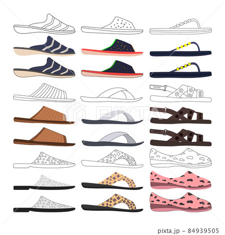 Slippers and flip flops icon. Set vector illustrations. Side view. 84939505