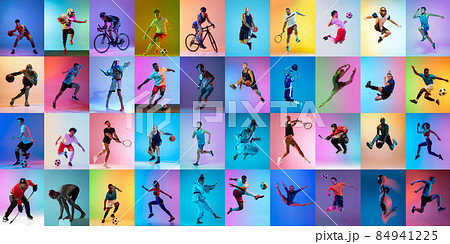 Set of images of different professional sportsmen, fit people in action, motion isolated on multicolor background in neon light. Set of images of different professional sportsmen, fit people in action, motion isolated on multicolor background in neon light. 84941225