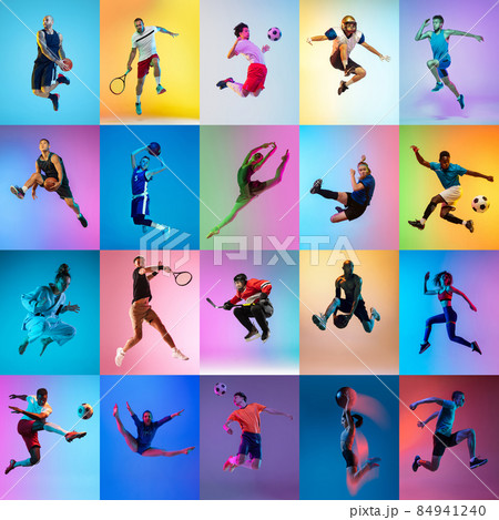 Set of images of different professional sportsmen, fit people in action, motion isolated on multicolor background in neon light. 84941240