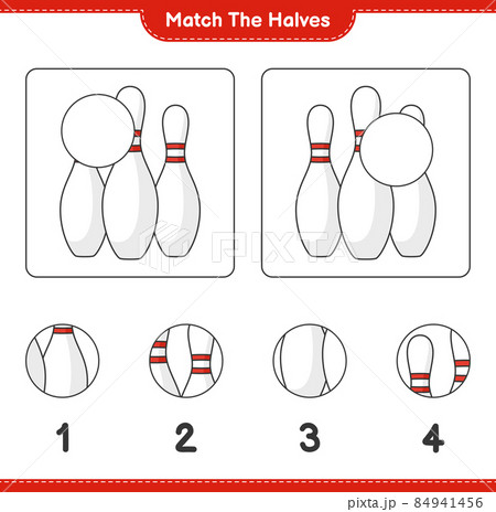 Match the halves. Match halves of Bowling Pin. Educational children game, printable worksheet, vector illustration Match the halves. Match halves of Bowling Pin. Educational children game, printable worksheet, vector illustration 84941456