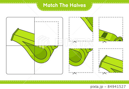 Match the halves. Match halves of Whistle. Educational children game, printable worksheet, vector illustration Match the halves. Match halves of Whistle. Educational children game, printable worksheet, vector illustration 84941527