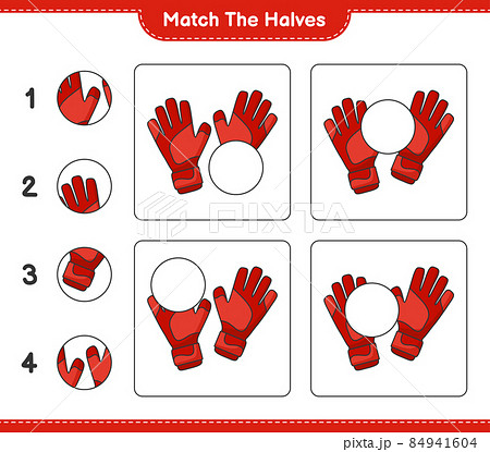 Match the halves. Match halves of Goalkeeper Gloves. Educational children game, printable worksheet, vector illustration Match the halves. Match halves of Goalkeeper Gloves. Educational children game, printable worksheet, vector illustration 84941604