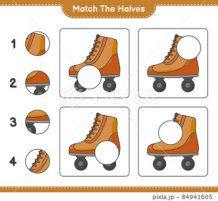 Match the halves. Match halves of Roller Skate. Educational children game, printable worksheet, vector illustration 84941605