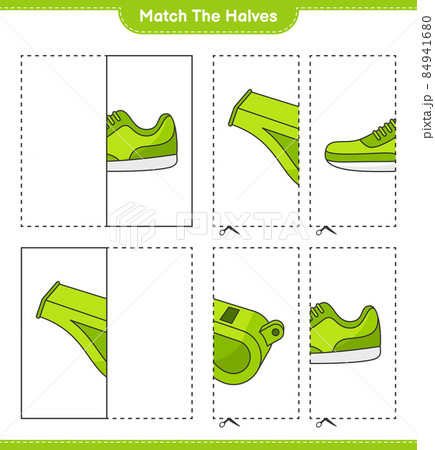 Match the halves. Match halves of Sneaker and Whistle. Educational children game, printable worksheet, vector illustration Match the halves. Match halves of Sneaker and Whistle. Educational children game, printable worksheet, vector illustration 84941680