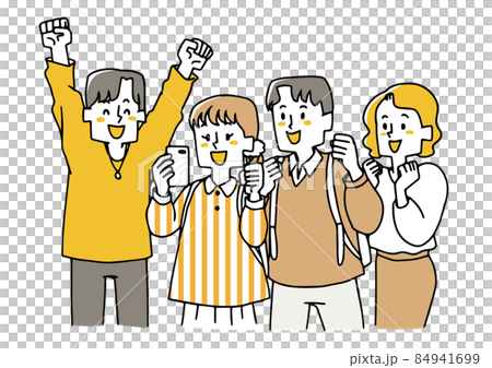 スマートフォンを見ながら喜ぶ四人の男女 成功者勝利を祝う人々 ゆるい手描きの人物のイラスト スマートフォンを見ながら喜ぶ四人の男女 成功者勝利を祝う人々 ゆるい手描きの人物のイラスト 84941699