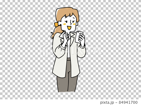 A woman who smiles and rejoices while looking at her smartphone. A person who celebrates victory and success. A loose hand-drawn illustration of a person. 84941700