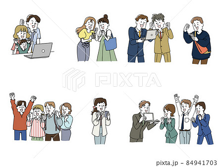 勝利や成功を祝う幸せな人々のセット ゆるい線画の人物のイラストのイラスト素材