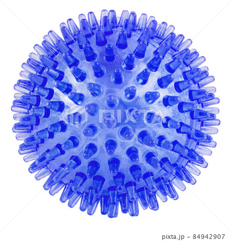 transparent dark blue spiked plastic ball isolated on white background - massager, dog toy and COVID-19 symbol 84942907