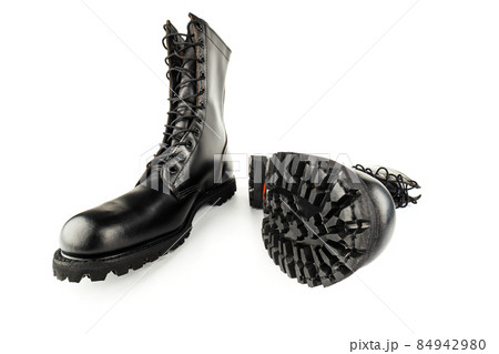 pair of black leather 10-inch new black military combat boots, isolated on white background 84942980
