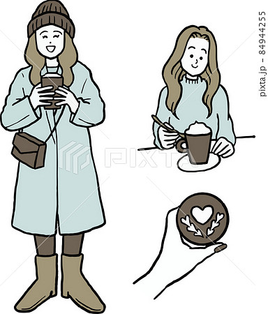 コーヒーを飲む女性のイラスト素材セット コーヒーを飲む女性のイラスト素材セット 84944255