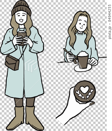 一個女人喝咖啡的插圖素材集 84944255