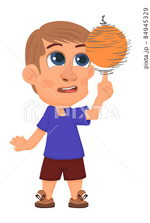 Boy spinning orange ball. Basketball player in cartoon style Boy spinning orange ball. Basketball player in cartoon style 84945329