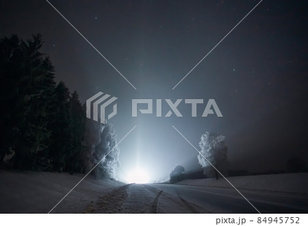 Light Pillars. Rare meteorological phenomena. Winter nature landscape in Lithuania 84945752