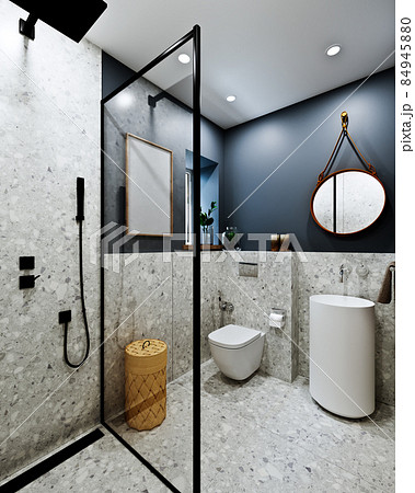 3d rendering modern bathroom design with tiles under concrete and marble 3d rendering modern bathroom design with tiles under concrete and marble 84945880