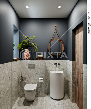3d rendering modern bathroom design with tiles under concrete and marble 84945889