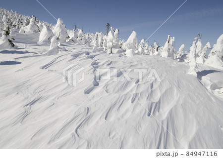 雪山の景色　西吾妻のスノーモンスターとシュカブラ　樹氷と風雪紋 84947116