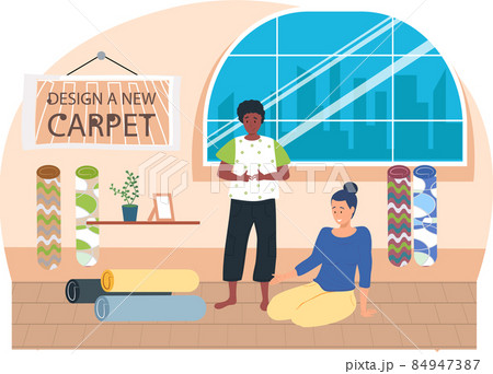 Couple equip apartment, select carpet for room man and woman sitting on floor at home in living room 84947387