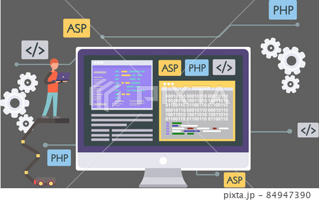 Workplace of office worker programmer, code screen. Desktop with computer monitor and infographics Workplace of office worker programmer, code screen. Desktop with computer monitor and infographics 84947390