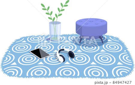 Cartoon living room with furniture, carpet and plant. Cozy interior with pouf, headphones and phone Cartoon living room with furniture, carpet and plant. Cozy interior with pouf, headphones and phone 84947427