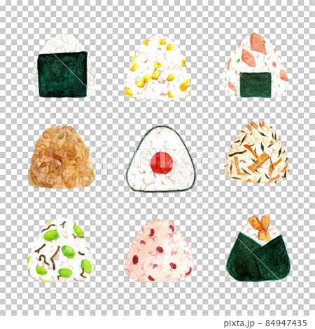 手描き水彩のかわいいおにぎりイラストセット（梅・焼きおにぎり・赤飯・コーン・枝豆・ひじき・天むす） 84947435