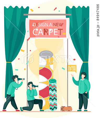 Manufacture of carpets. Men working on design of new carpet, photographing rugs for advertising Manufacture of carpets. Men working on design of new carpet, photographing rugs for advertising 84947486