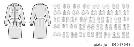 Set of Dresses Shirt wrap technical fashion illustration with long short elbow sleeves, knee mini length skirt, button 84947648