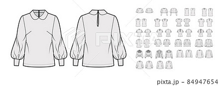 Set of blouses key-hole back closure tops, shirts, technical fashion illustration with fitted oversized body, short Set of blouses key-hole back closure tops, shirts, technical fashion illustration with fitted oversized body, short 84947654