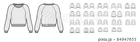 Set of sweatshirts technical fashion illustration with fitted oversized fitted body, crew V- neckline, long elbow sleeve 84947655