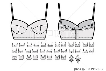 Bra lingerie technical fashion illustration with full adjustable shoulder straps, molded cups, hook-and-eye closure. Bra lingerie technical fashion illustration with full adjustable shoulder straps, molded cups, hook-and-eye closure. 84947657