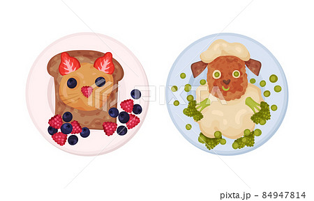 Top view of creative childish dishes serving on plates set. Tasty healthy food for kids vector illustration 84947814