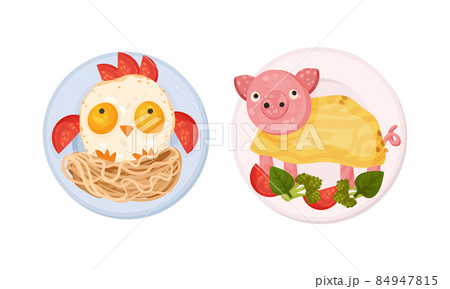 Creative childish dishes serving on plates set. Tasty healthy food for breakfast vector illustration 84947815
