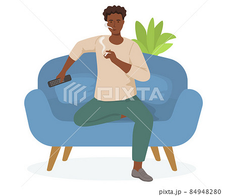 Man with TV remote is smoking cigarette in living room. Unhealthy lifestyle and bad habits 84948280