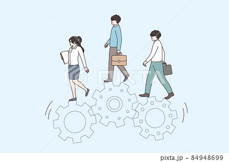 Businesspeople walk together on gear wheels  84948699