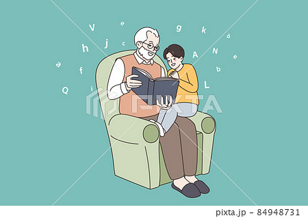 Mature grandfather read book to small grandson  84948731