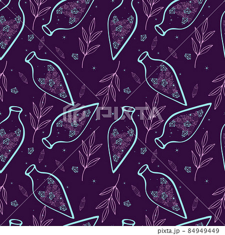 Pattern potion crystals magic bottle witchcraft magic, doodle boho style. Pattern potion crystals magic bottle witchcraft magic, doodle boho style. 84949449