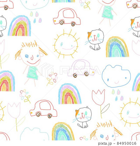 Seamless Pattern with Childrens Drawings on White Background 84950016