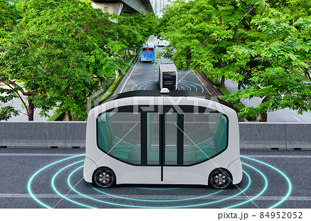 Autonomous electric shuttle bus self driving across city green road, Smart vehicle concept 84952052