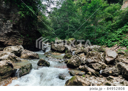 beautiful landscape fast mountain river and green forest beautiful landscape fast mountain river and green forest 84952808