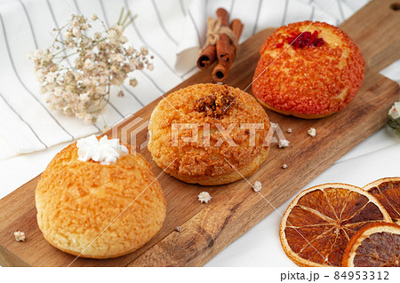 Homemade three shu cake with vanilla custard inside Homemade three shu cake with vanilla custard inside 84953312