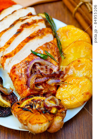 roasted grilled BBQ chicken breast with herbs and spices 84955106