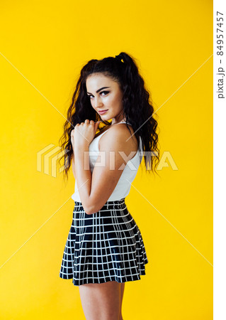beautiful slender brunette woman with pigtails summer beautiful slender brunette woman with pigtails summer 84957457